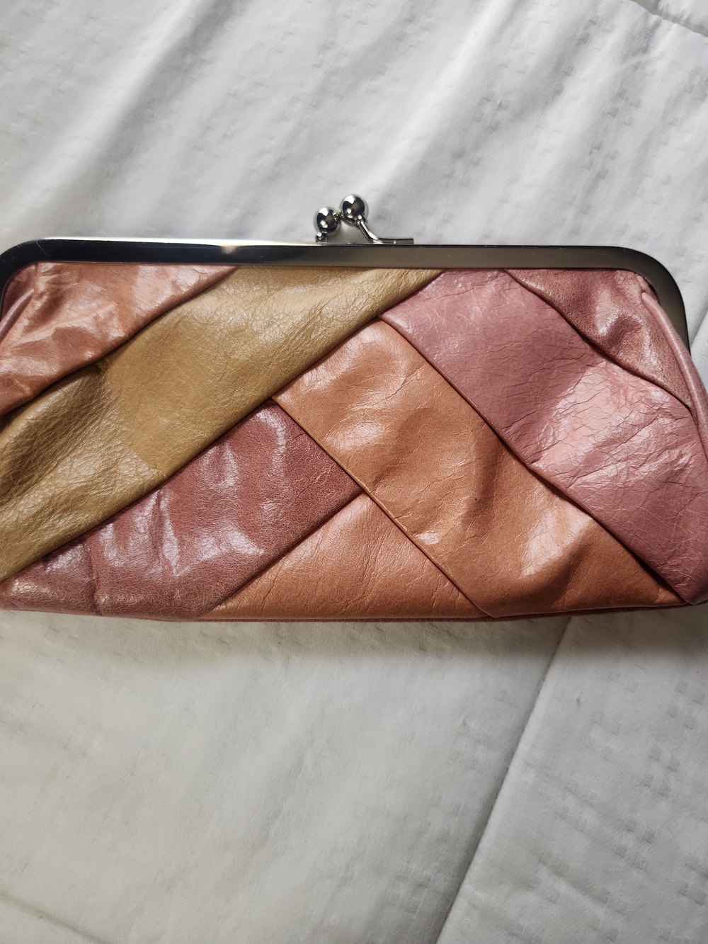 Fossil Woven Leather Kiss-Lock Clutch in Pink, Peach & Gold